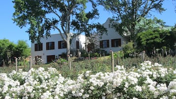 Een wit gebouw met bruine luiken, omgeven door een tuin met witte bloemen en bomen.