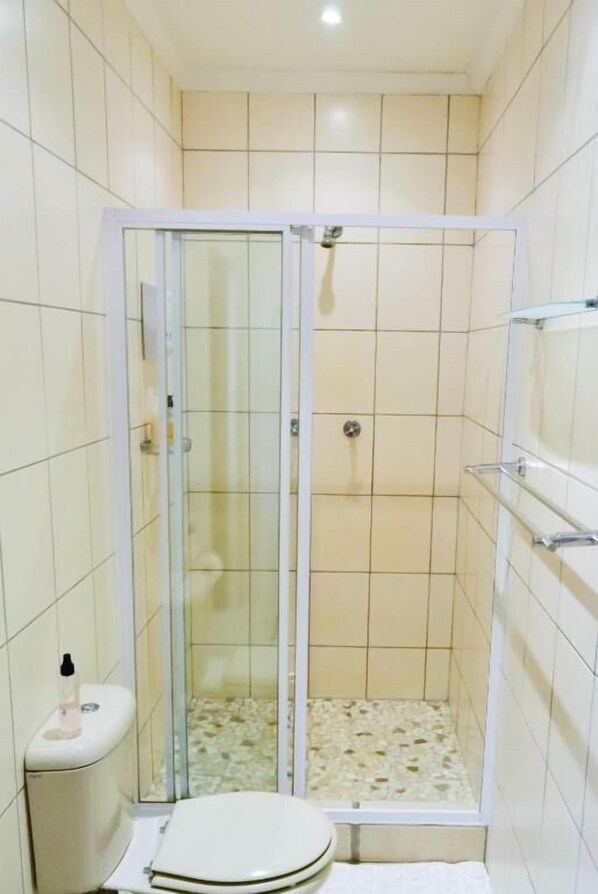 A bathroom with a glass-enclosed shower, a toilet, and a sink. - Aan-den-Weg (Stellenbosch)
