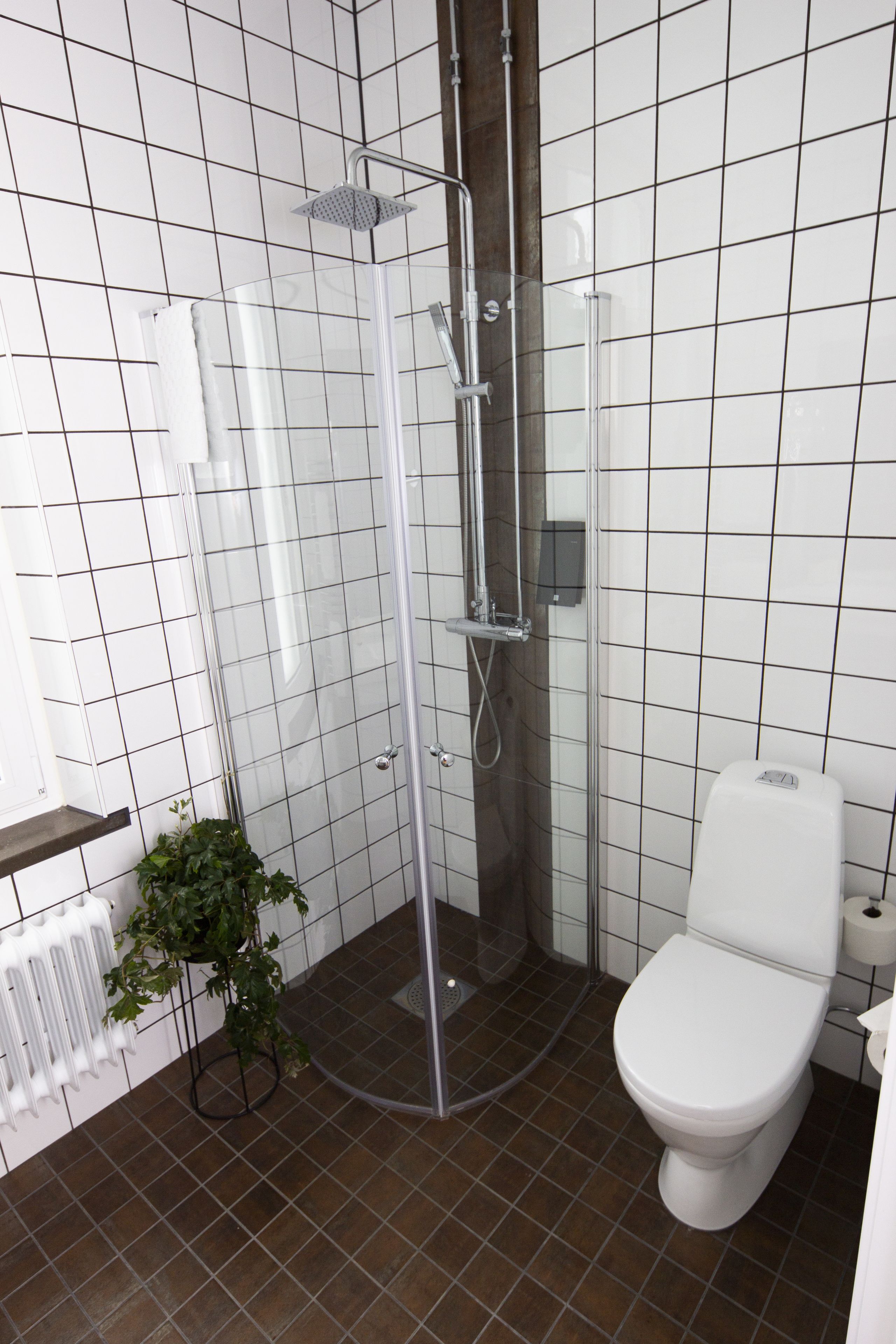 Et badeværelse med bruseniche, et hvidt toilet og en radiator.