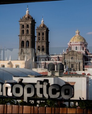 Vista de un edificio histórico con dos torres destacadas y una cúpula grande, tomada desde una azotea con un letrero que dice 'optico'.