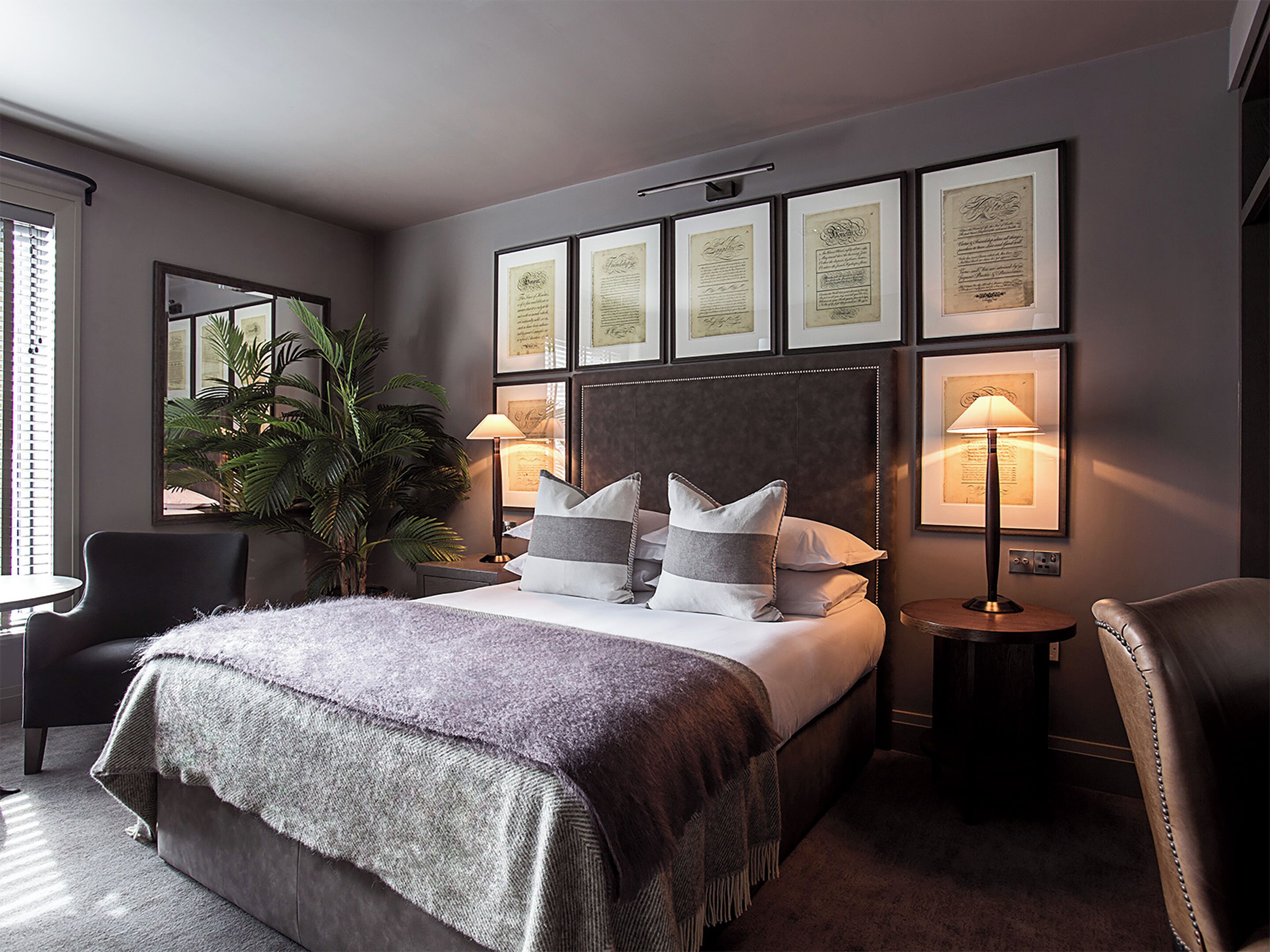 Habitación de hotel con una cama grande, una mesita de noche, una silla, una lámpara, una planta en maceta y diplomas enmarcados en la pared.