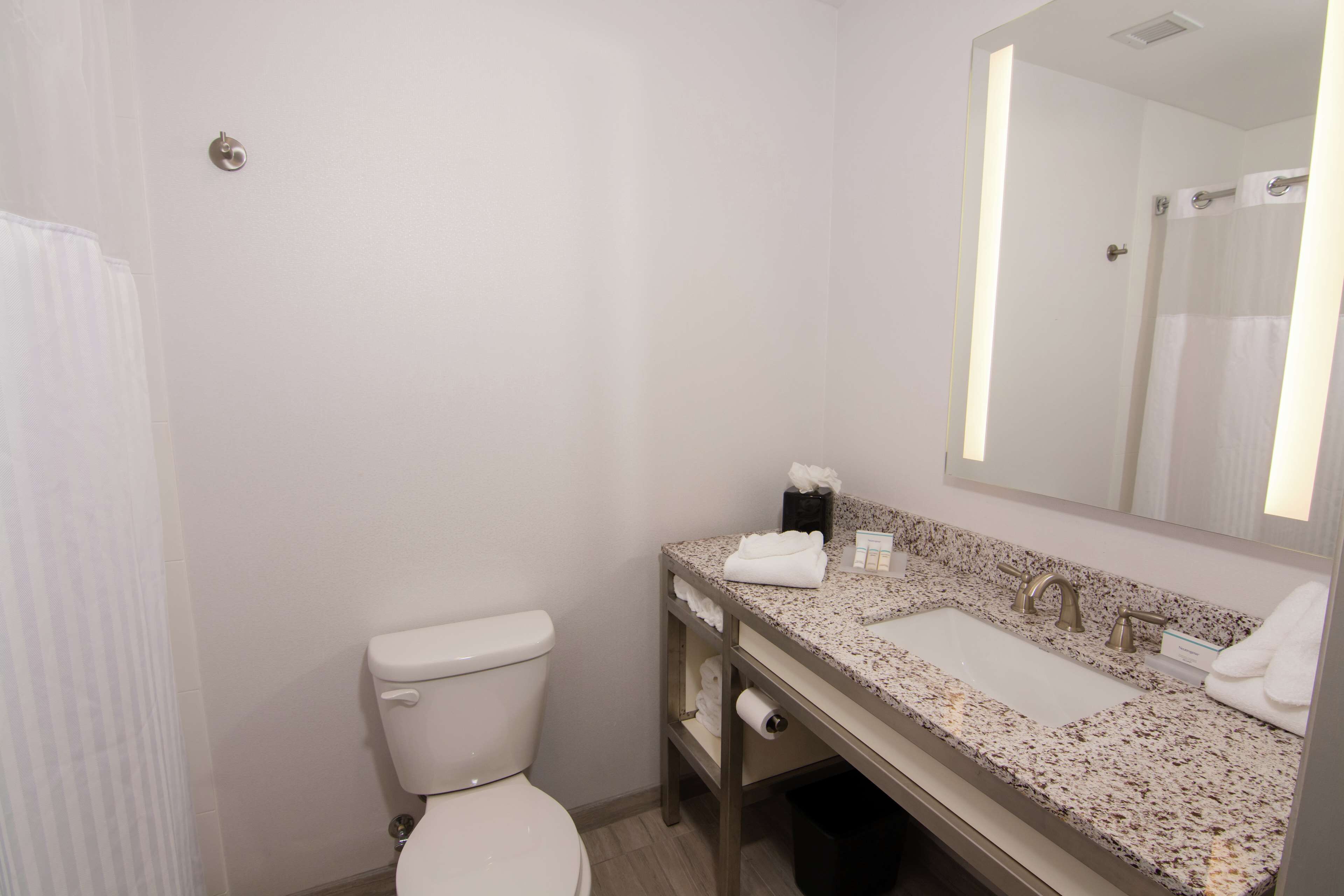 A bathroom with a toilet, sink, and mirror.