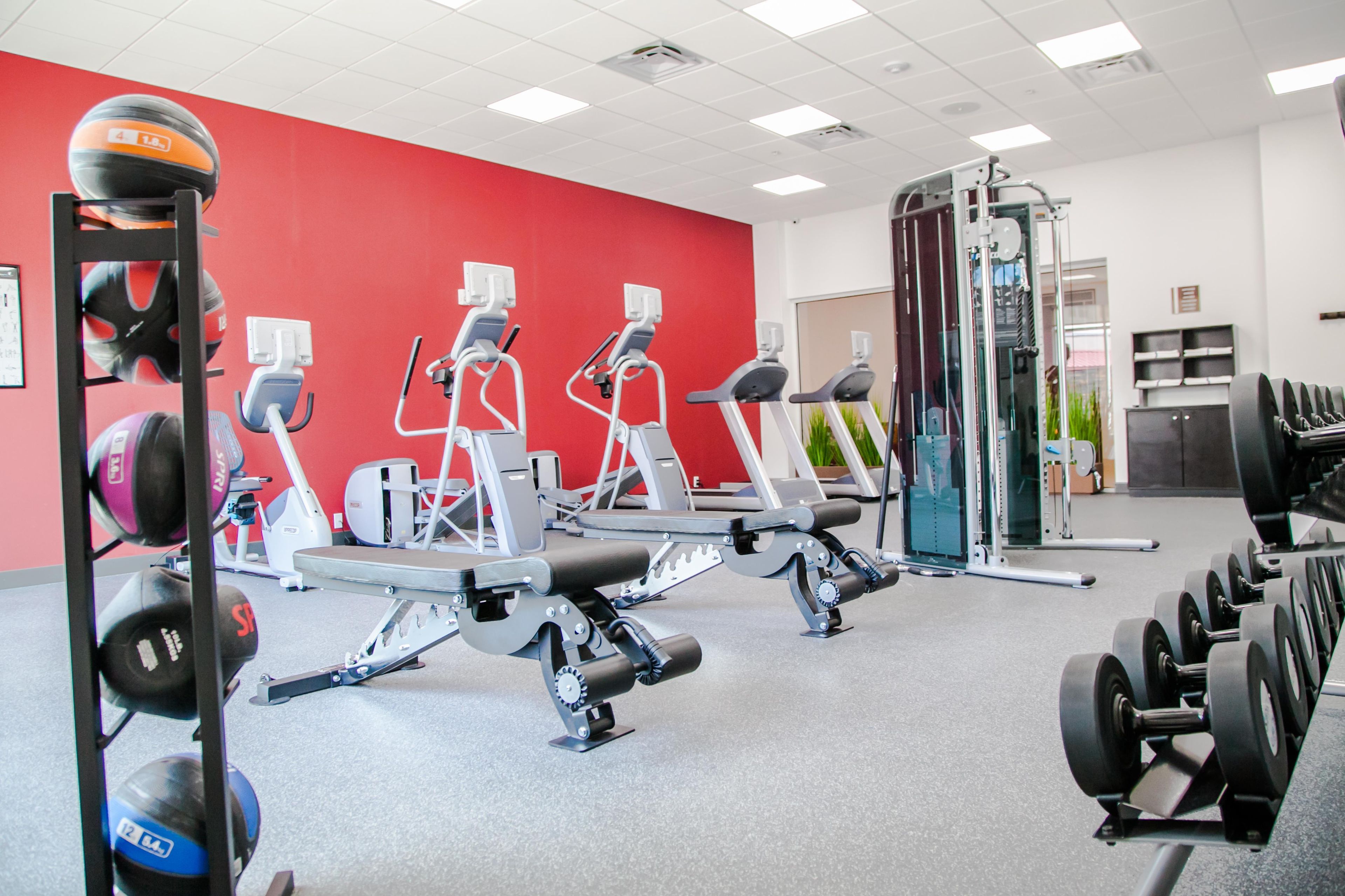 Une salle de sport équipée de matériel d’exercice, avec un mur rouge et un plafond éclairé.