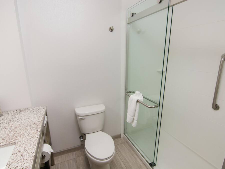 Un baño con inodoro, cabina de ducha de vidrio y lavamanos con encimera de mármol.