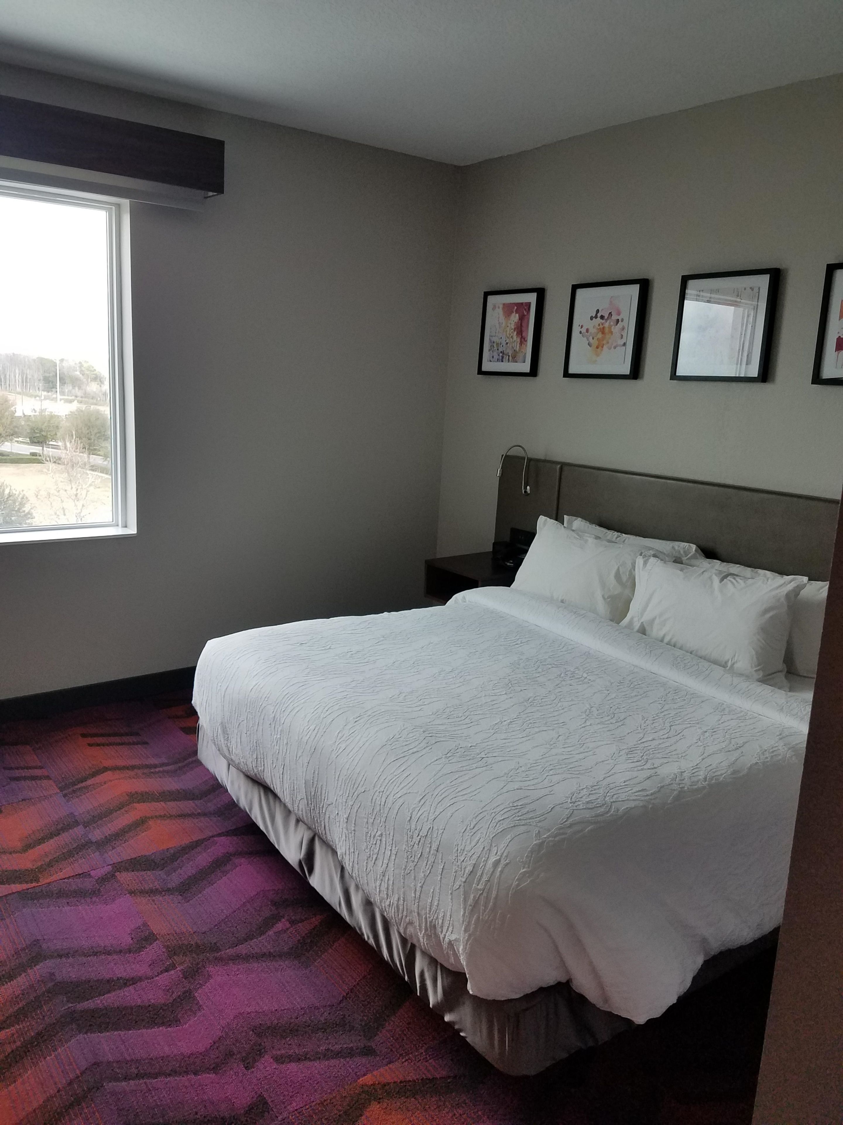 A hotel room with a large bed, a window, and a carpeted floor.