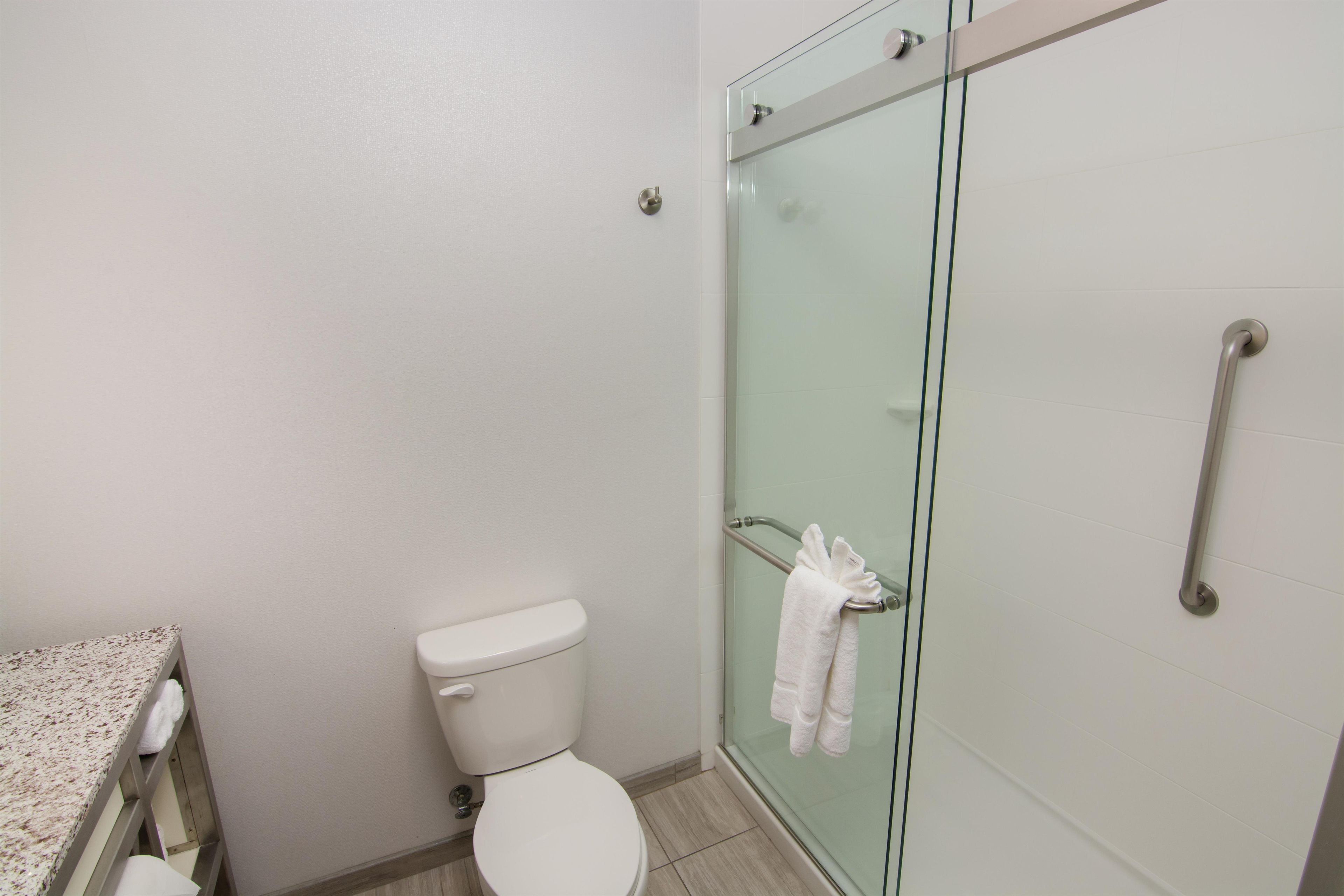 A bathroom with a toilet, a glass shower enclosure, and a towel rack.