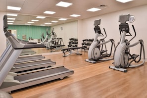 A gym with multiple treadmills, ellipticals, and a rack of dumbbells.