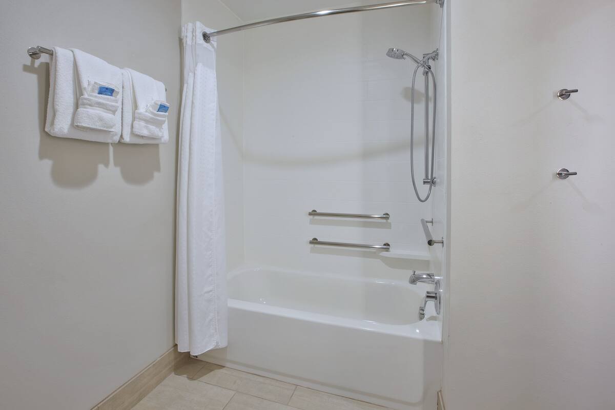 combined shower/bathtub, free toiletries, hair dryer, towels