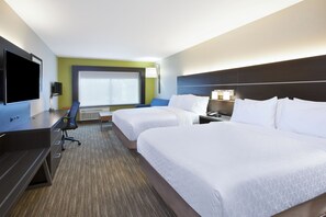 A hotel room with two beds, a desk with a flat-screen TV, a chair, and a window with a view. - Holiday Inn Express & Suites Parkersburg East by IHG (Parkersburg)