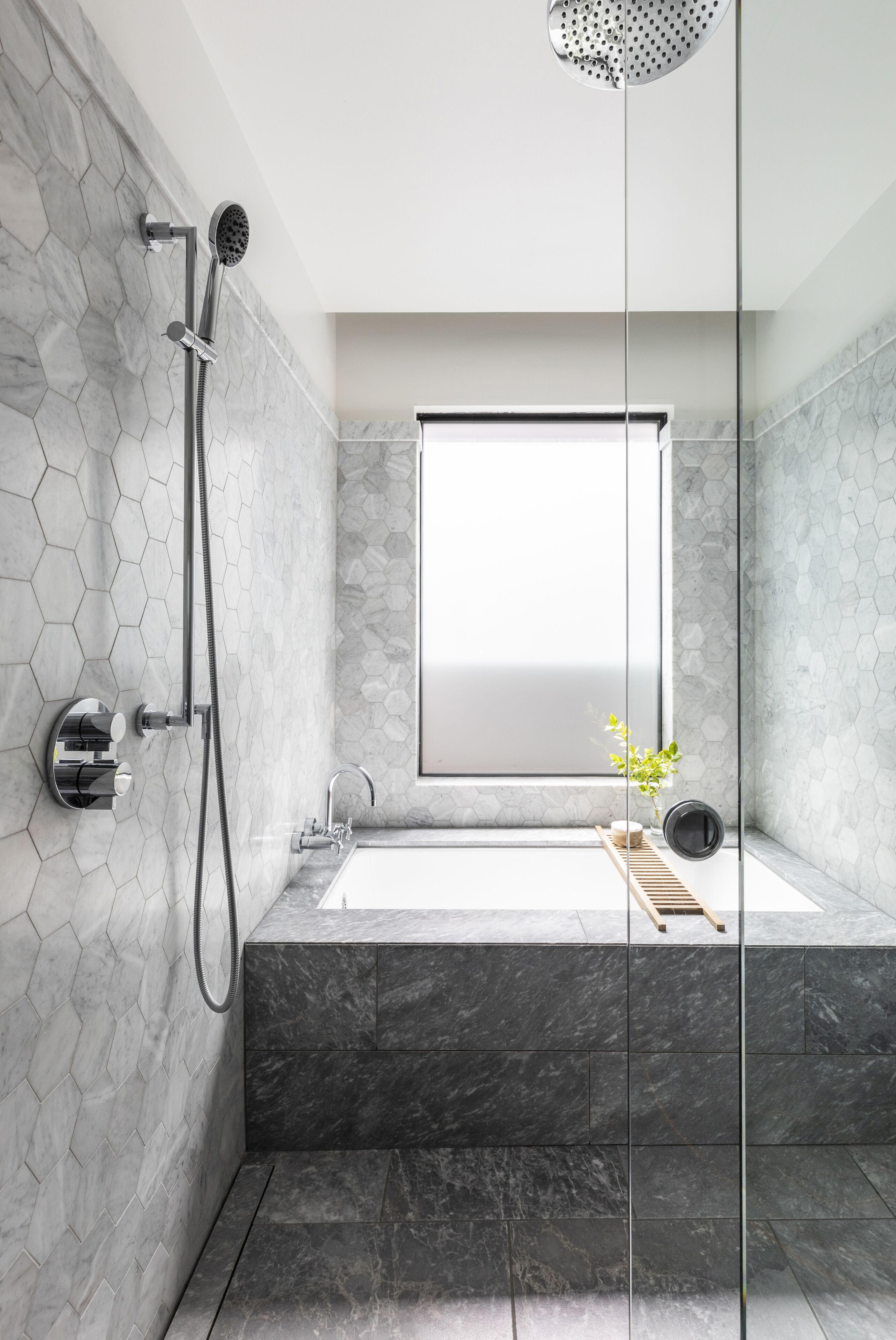 Shower, rainfall showerhead, designer toiletries, bathrobes