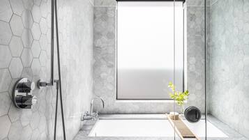 Shower, rainfall showerhead, designer toiletries, bathrobes