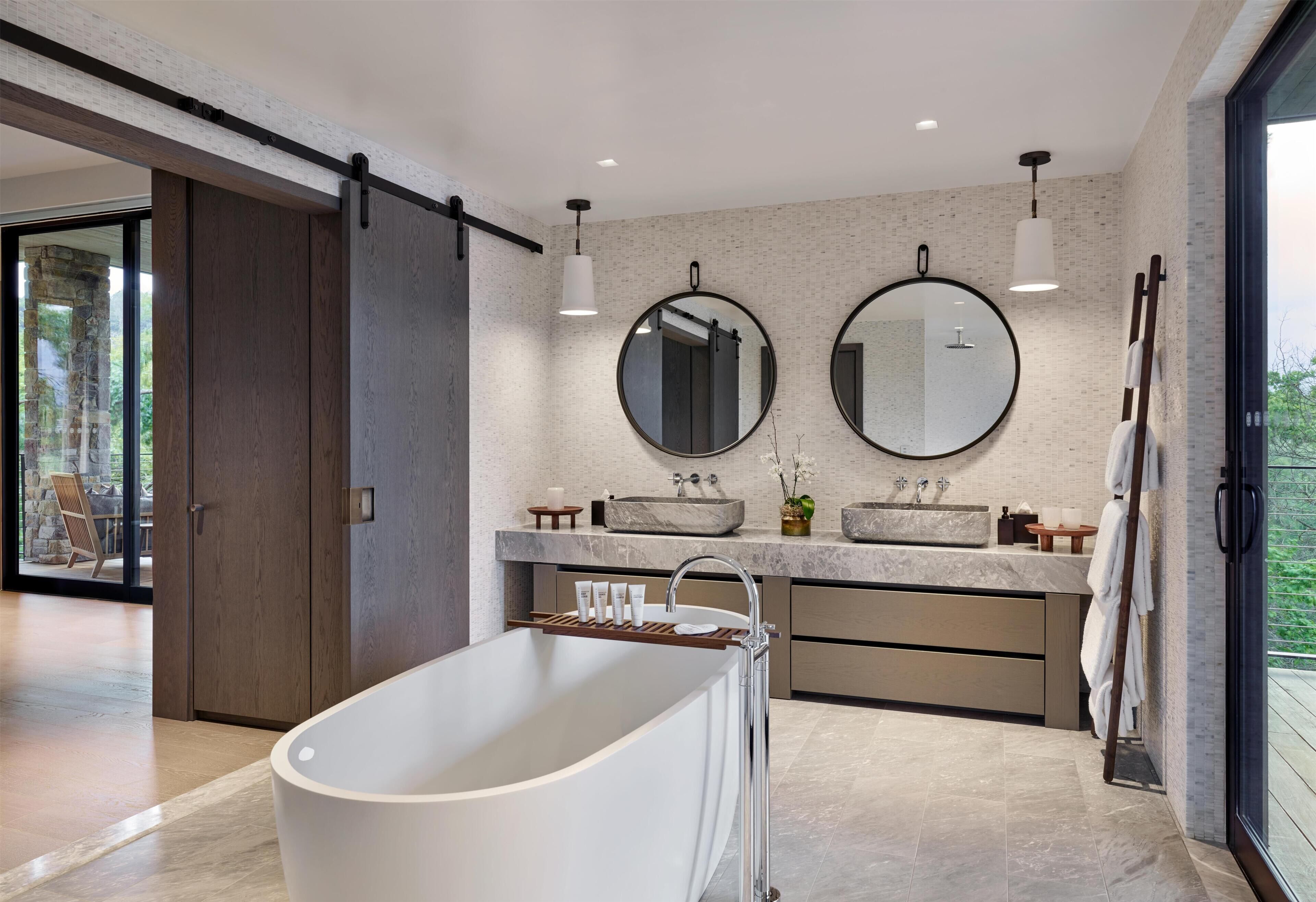 Suite, 1 King Bed, Vineyard View | Bathroom | Shower, rainfall showerhead, designer toiletries, bathrobes