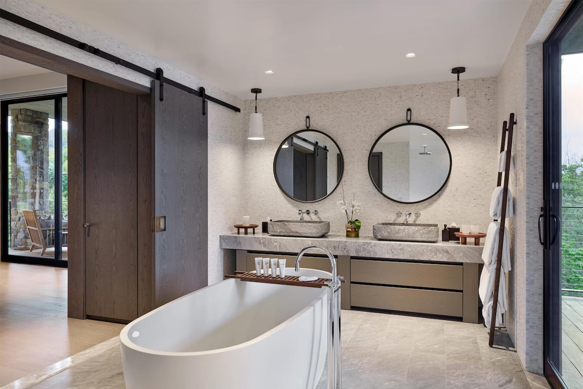 Suite, 1 King Bed, Vineyard View | Bathroom | Shower, rainfall showerhead, designer toiletries, bathrobes