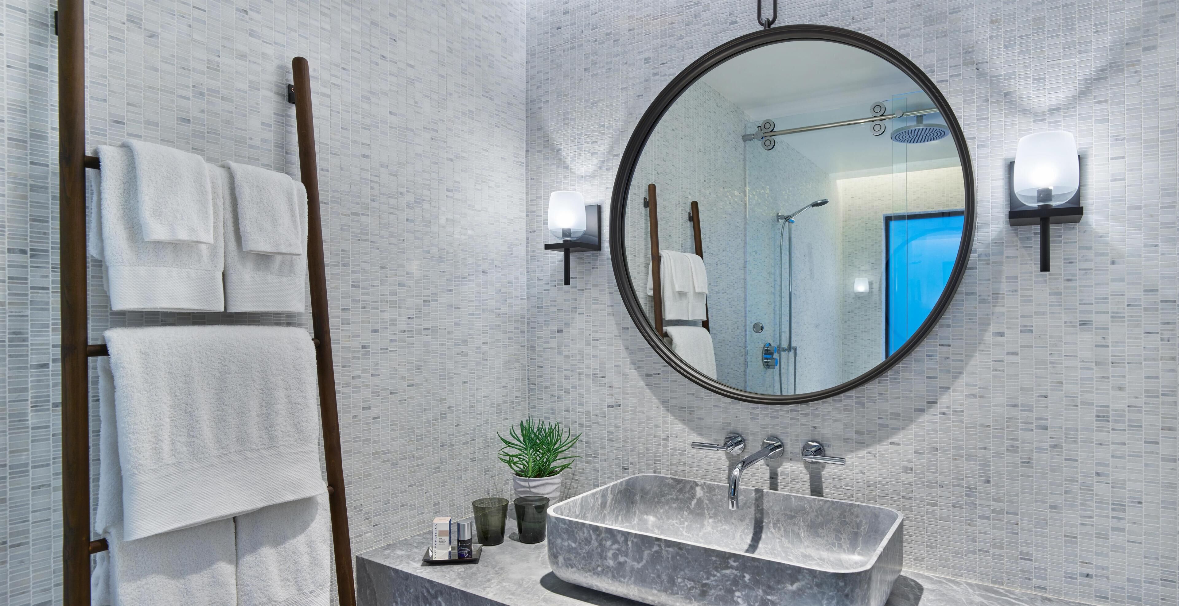 Shower, rainfall showerhead, designer toiletries, bathrobes