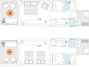 A hotel room layout with a bed, bedside tables, a desk, a chair, a wardrobe, a bathroom with a bathtub, toilet, and sink. - Alila Napa Valley, a Hyatt Luxury Resort (St. Helena)
