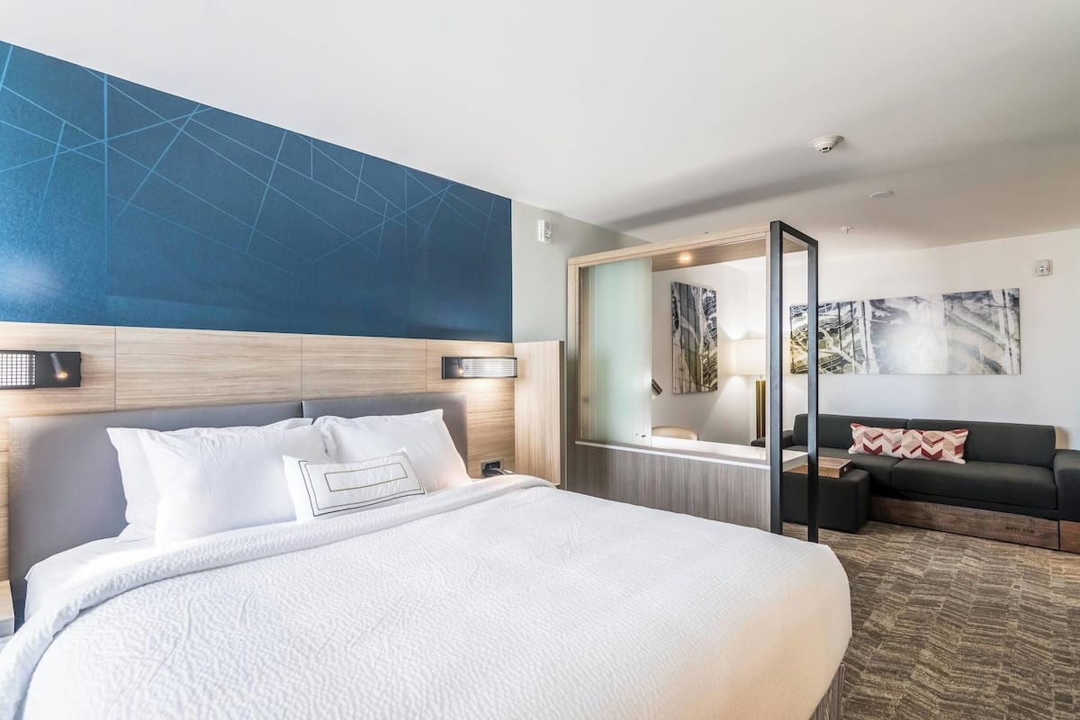 Una habitación de hotel con una cama grande, un sofá, un escritorio y un armario.