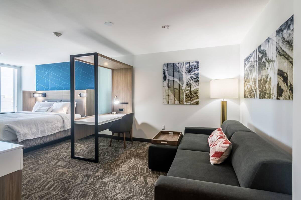 Una habitación de hotel con cama, escritorio y sofá.