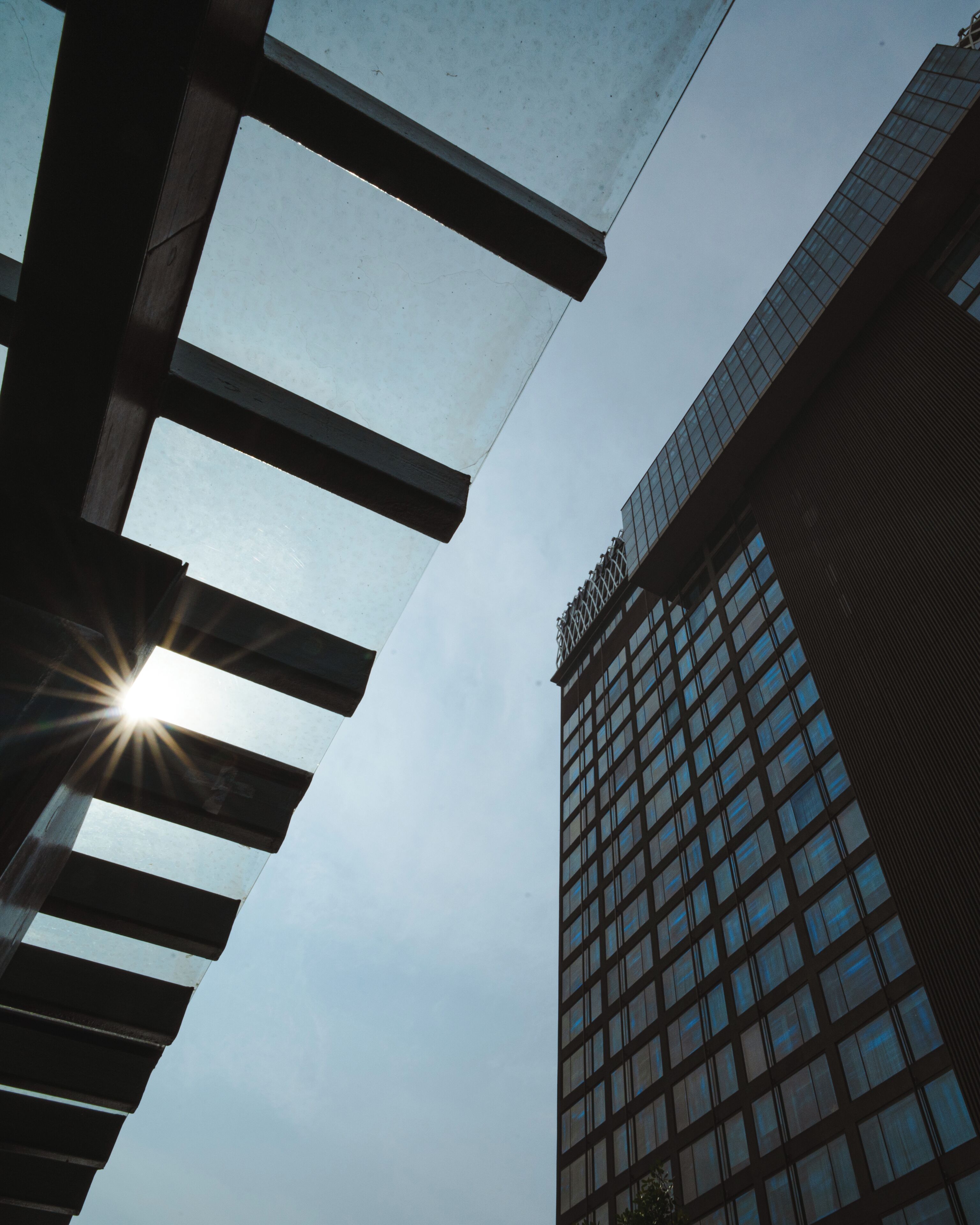 A high-rise building with a grid of windows and a sun shining through the gaps in the structure.