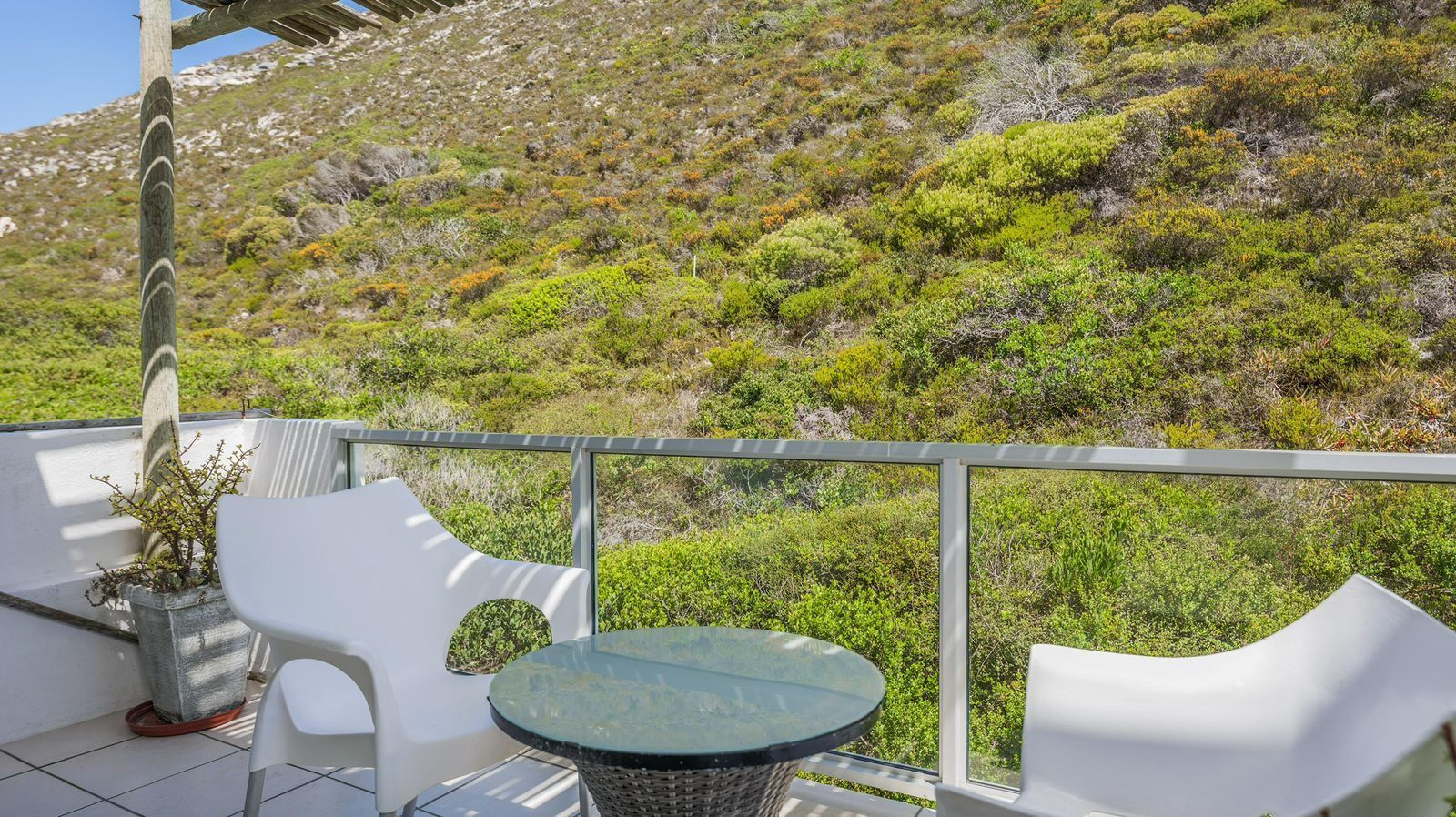 A balcony with a table and chairs, a potted plant, and a view of a hilly landscape.