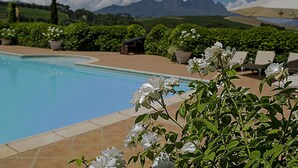 A pool surrounded by greenery and white flowers, with a mountain view in the background.