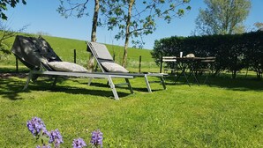 A grassy outdoor area with two lounge chairs and a table, surrounded by trees and a hedge.