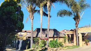 Zona residencial con casas, palmeras y un muro de ladrillo.