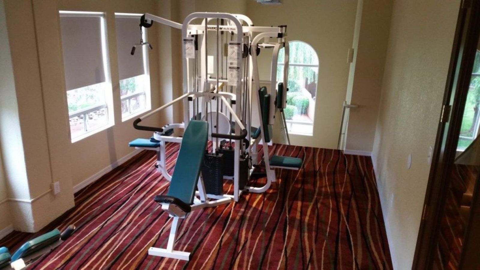 A gym with exercise equipment and a patterned carpet.