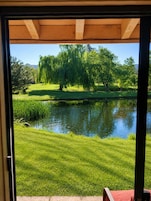Vista desde una habitación con techo de madera, a través de un ventanal, con vistas a una zona verde con árboles y un estanque.