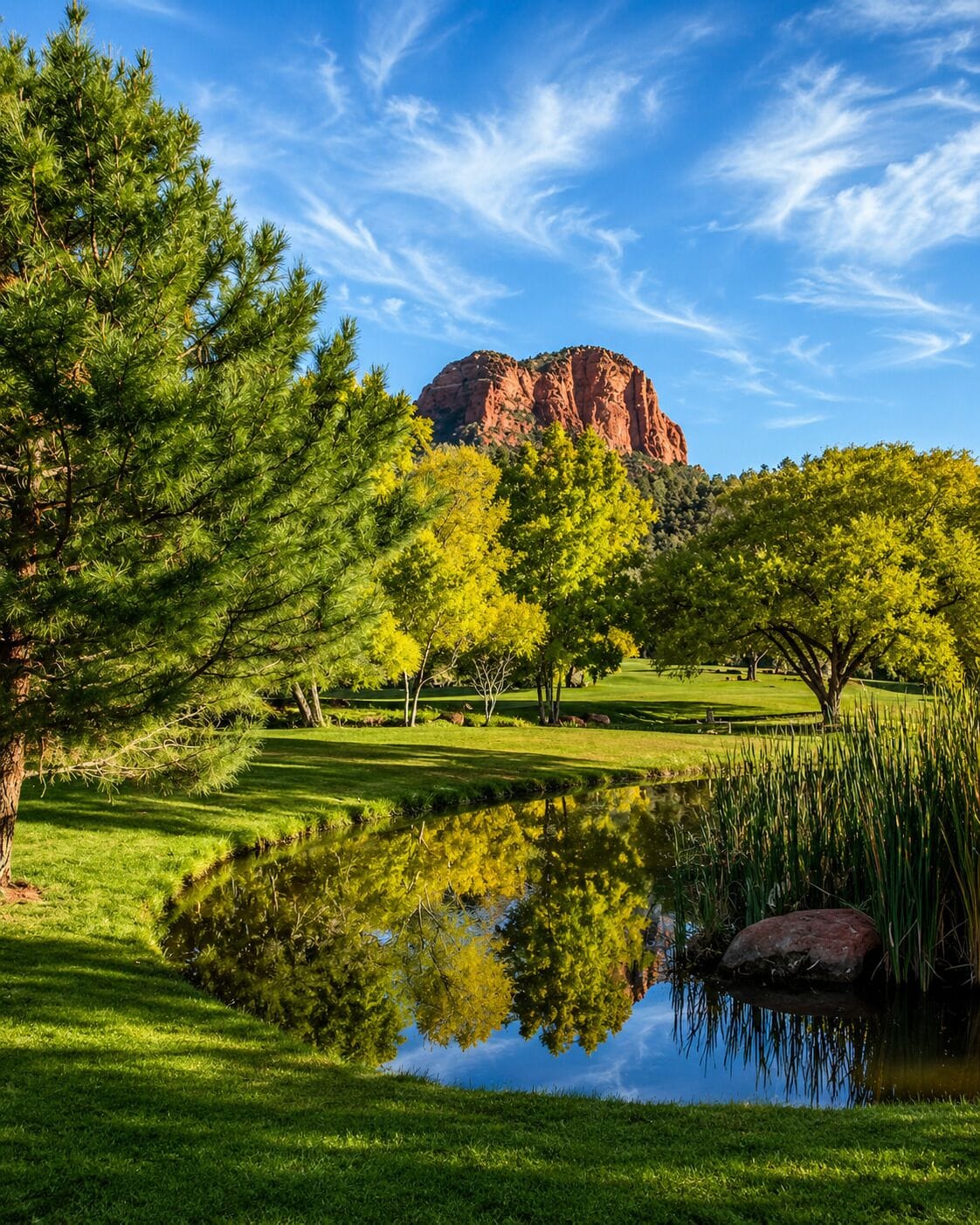 A serene landscape with a clear sky, a calm pond reflecting trees, and a prominent red rock formation in the background.