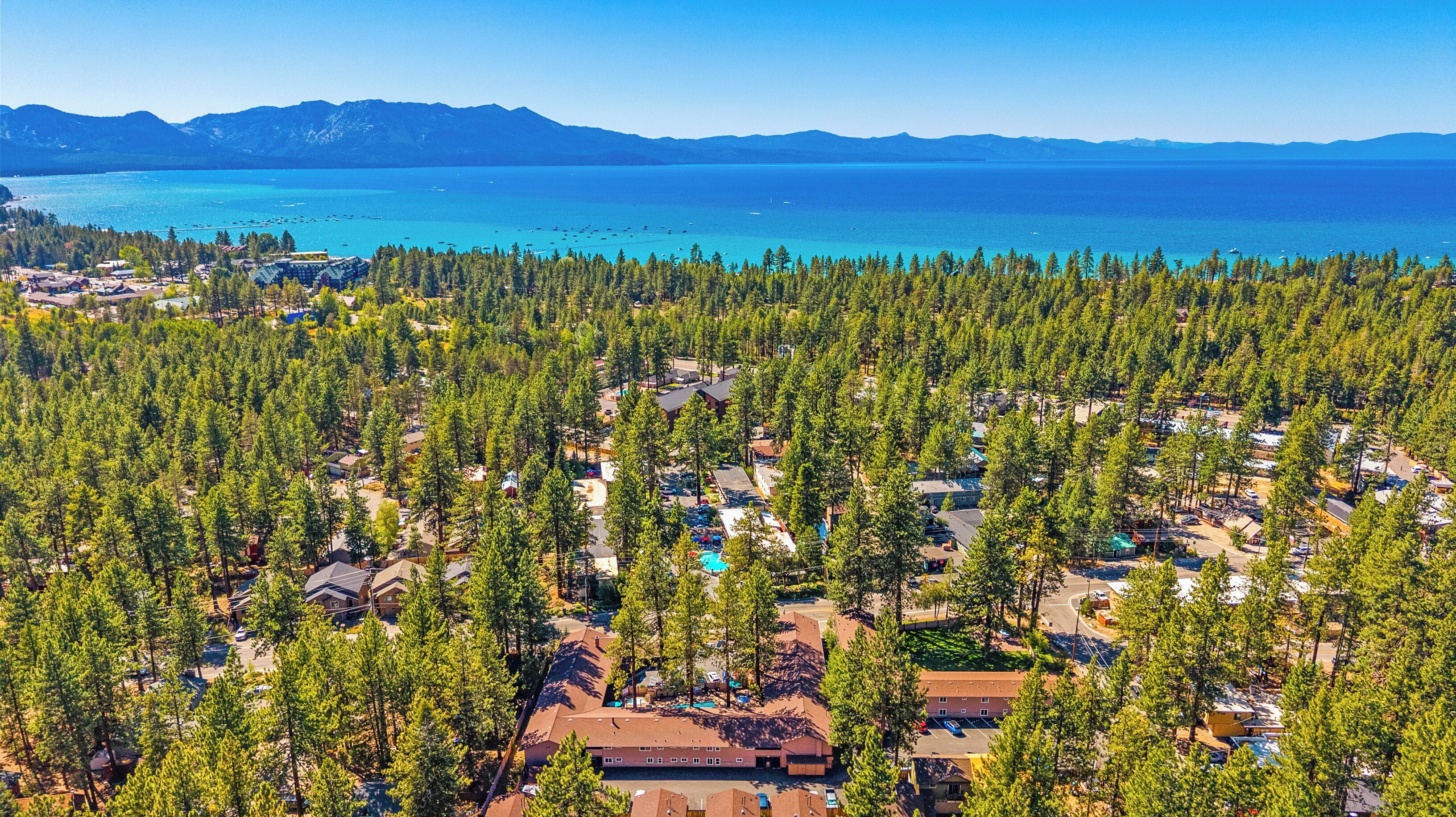 A residential area with houses surrounded by dense forest, a clear view of a large body of water, and distant mountains.