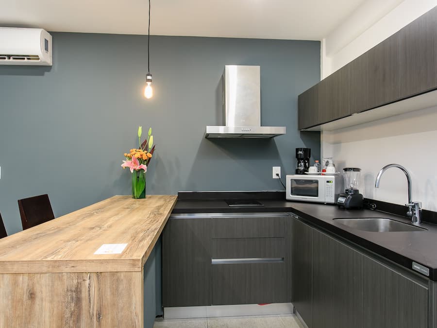 Refrigerador con freezer, microondas, placa de cocina, cafetera/tetera