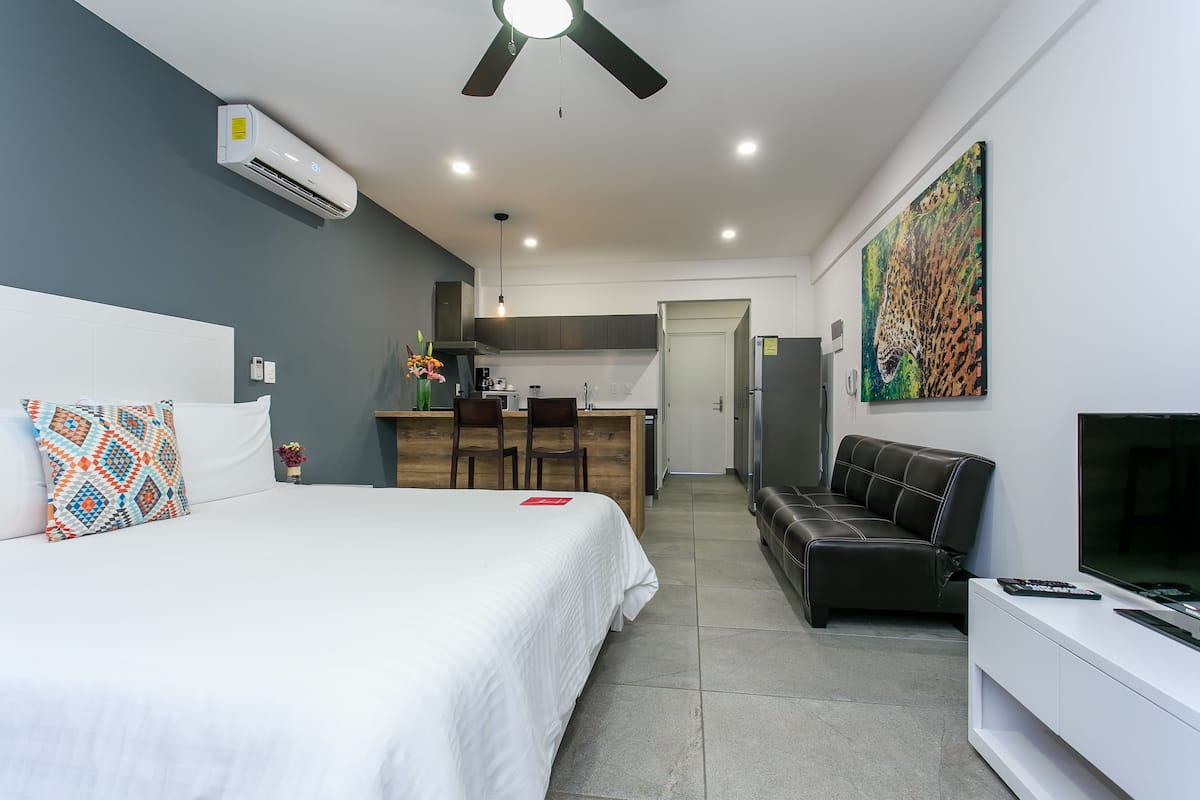 A modern hotel room with a bed, a sofa, a TV, and a kitchenette.
