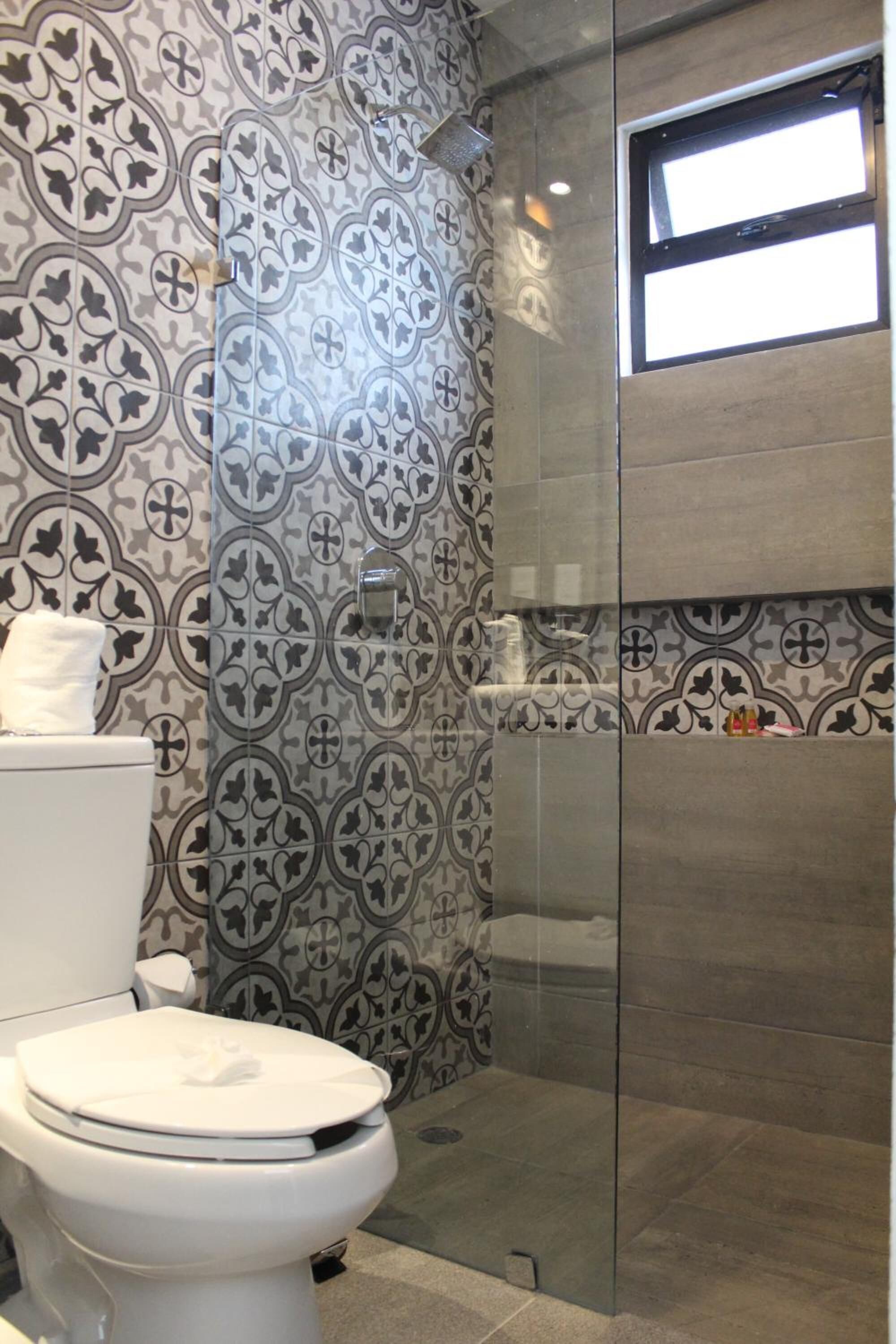 Shower, free toiletries, hair dryer, towels