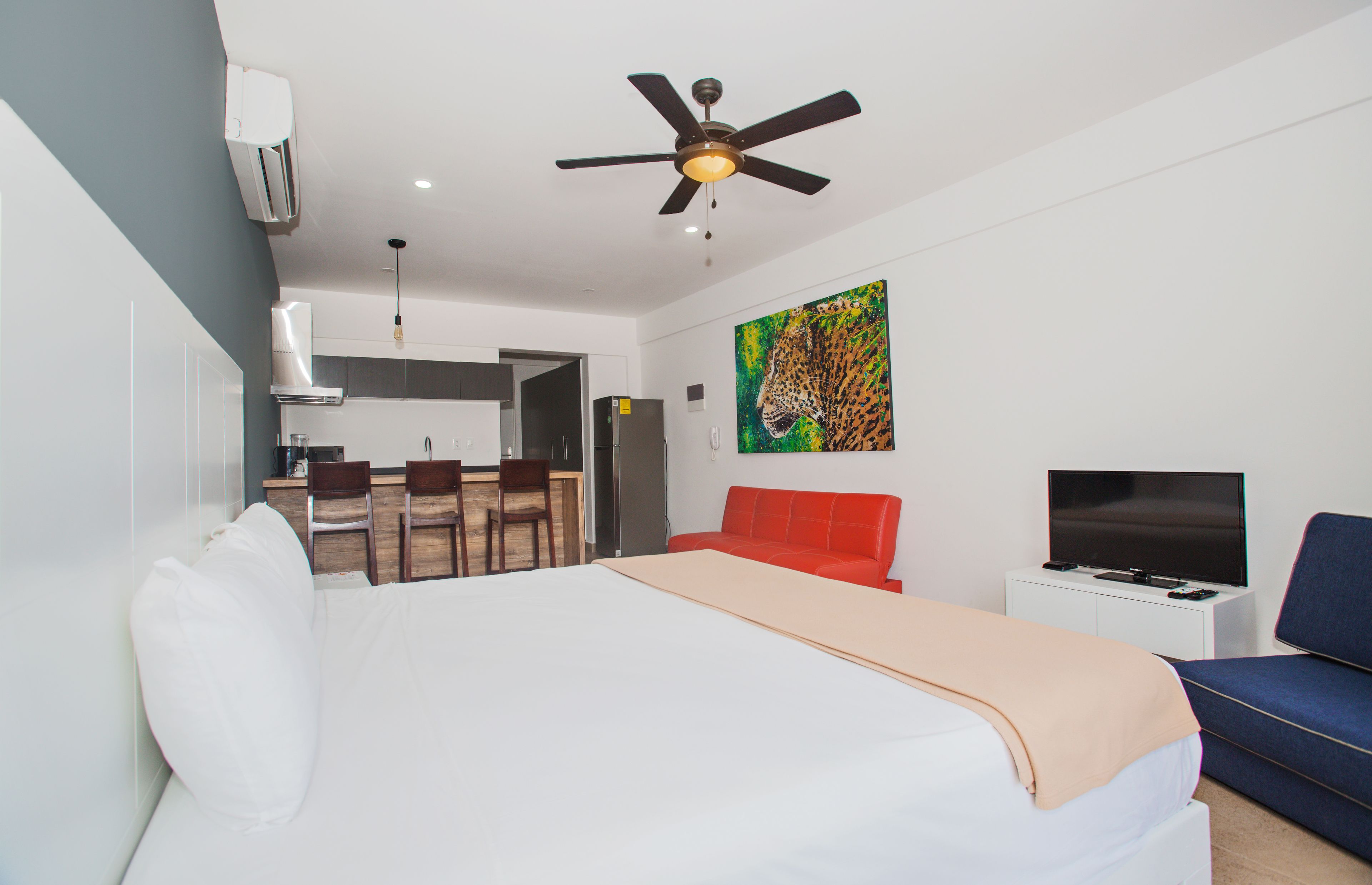 A hotel room with a bed, a red sofa, a TV, and a ceiling fan.