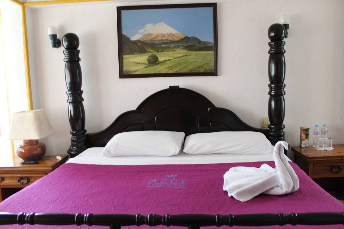 A hotel room with a bed, a painting of a mountain, and a swan-shaped towel on the bed.
