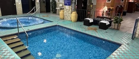 Indoor pool, open 10:00 AM to 10:00 PM, sun loungers