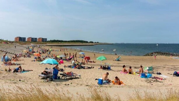 Una spiaggia con persone che prendono il sole e nuotano, ombrelloni e edifici sullo sfondo.
