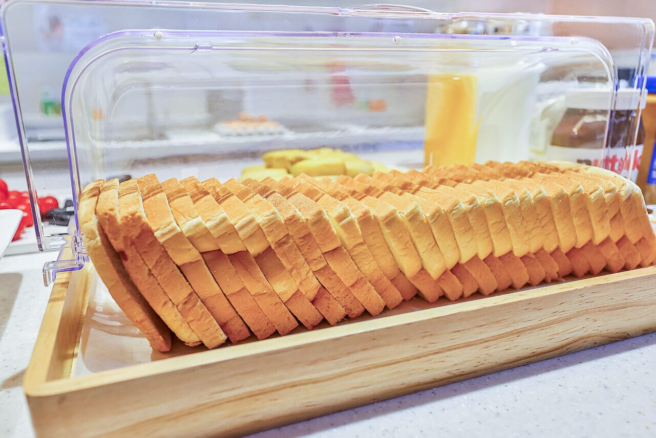 A waffle display in a bakery.