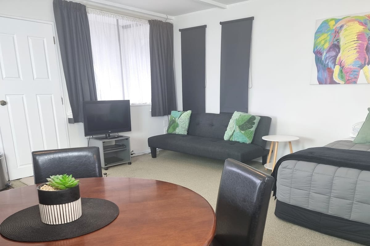 A modern living room with a sofa, a TV, a dining table with a plant, and a colorful elephant painting on the wall.
