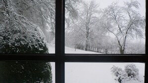 Paesaggio innevato visibile da una finestra, con una recinzione in legno.