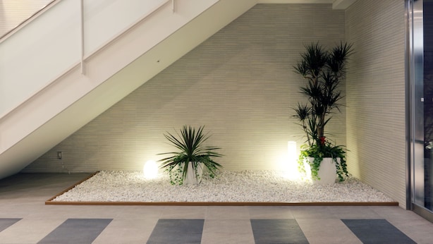 Un intérieur moderne avec un escalier, un revêtement de sol en galets blancs et des plantes en pot.