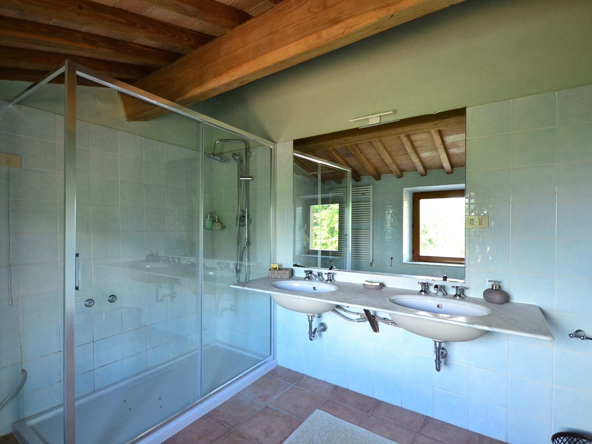 Een badkamer met een douchecabine van glas, twee wastafels en een grote spiegel.