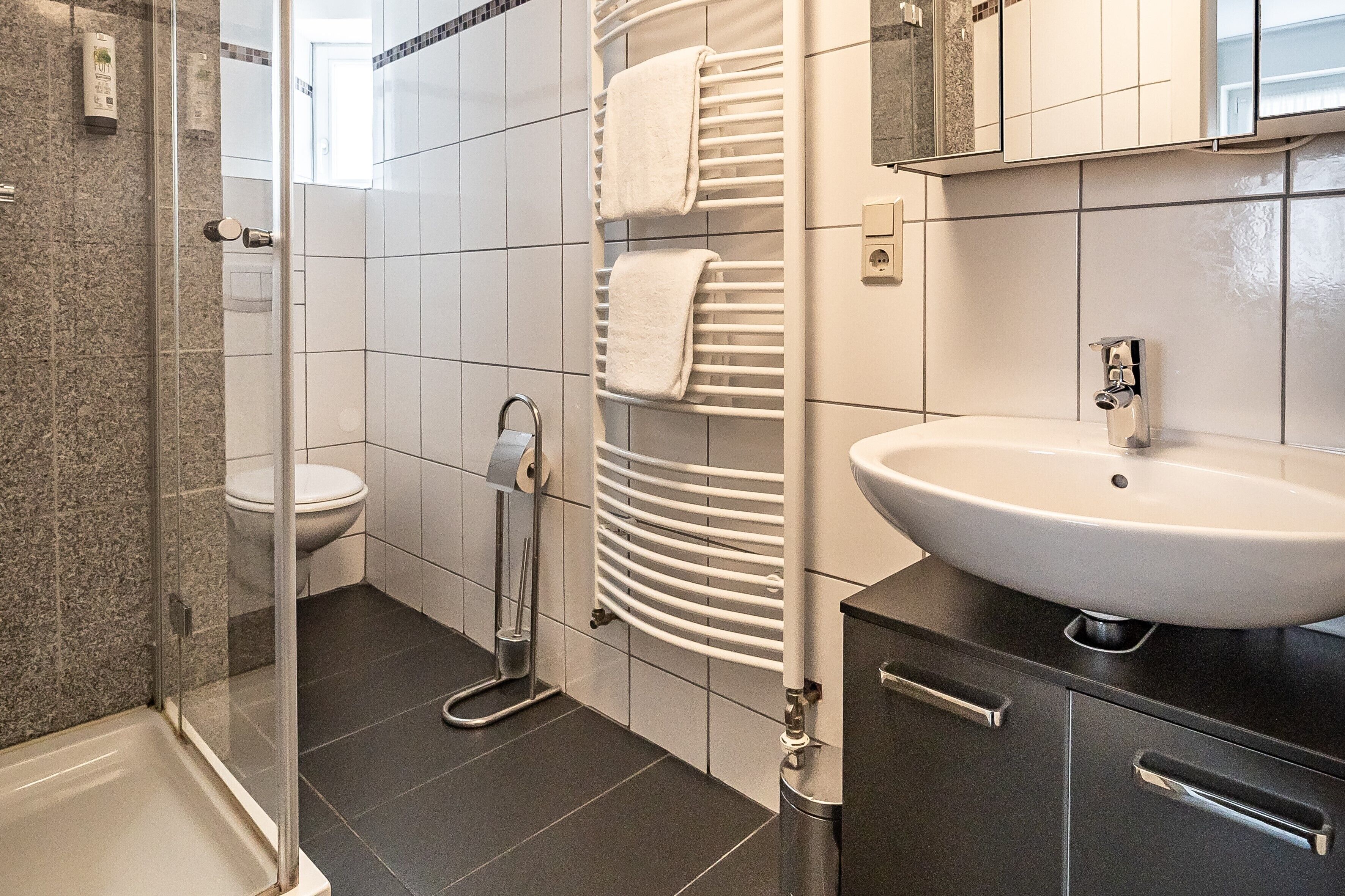 Un baño moderno con cabina de ducha de vidrio, inodoro, toallero, lavabo y espejo.