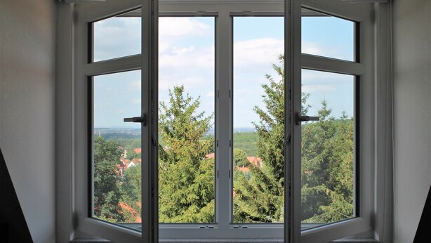 Ein Fenster mit Blick auf eine bewaldete Gegend und Gebäude.