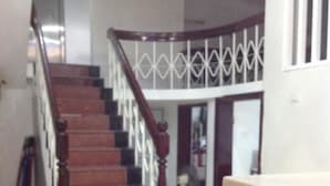 A staircase with a wooden handrail and white balusters.
