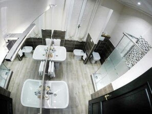 Shower, hair dryer, bidet, towels