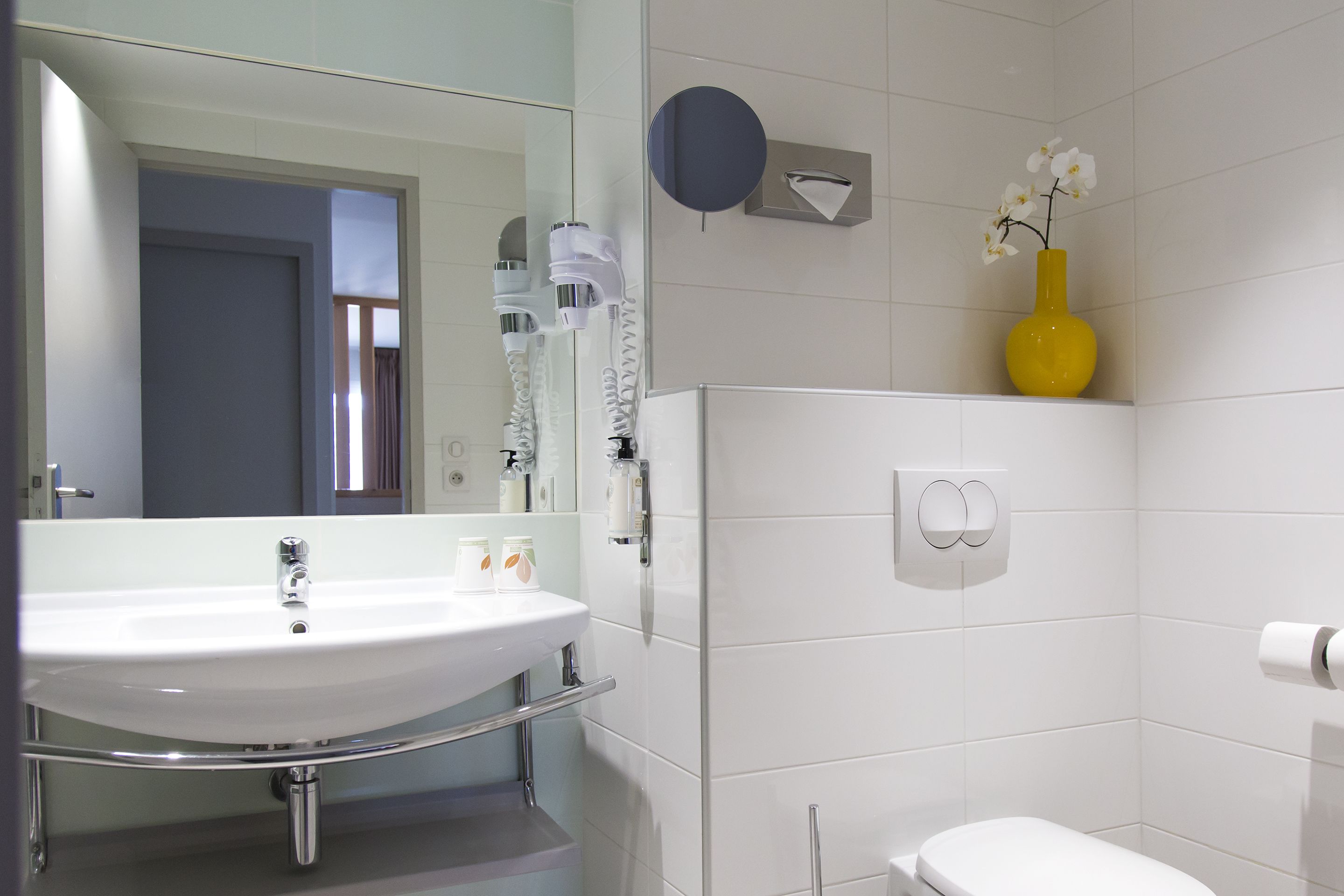 Un bagno con lavandino bianco, specchio e servizi igienici. Si nota un vaso giallo con fiori appeso al muro.