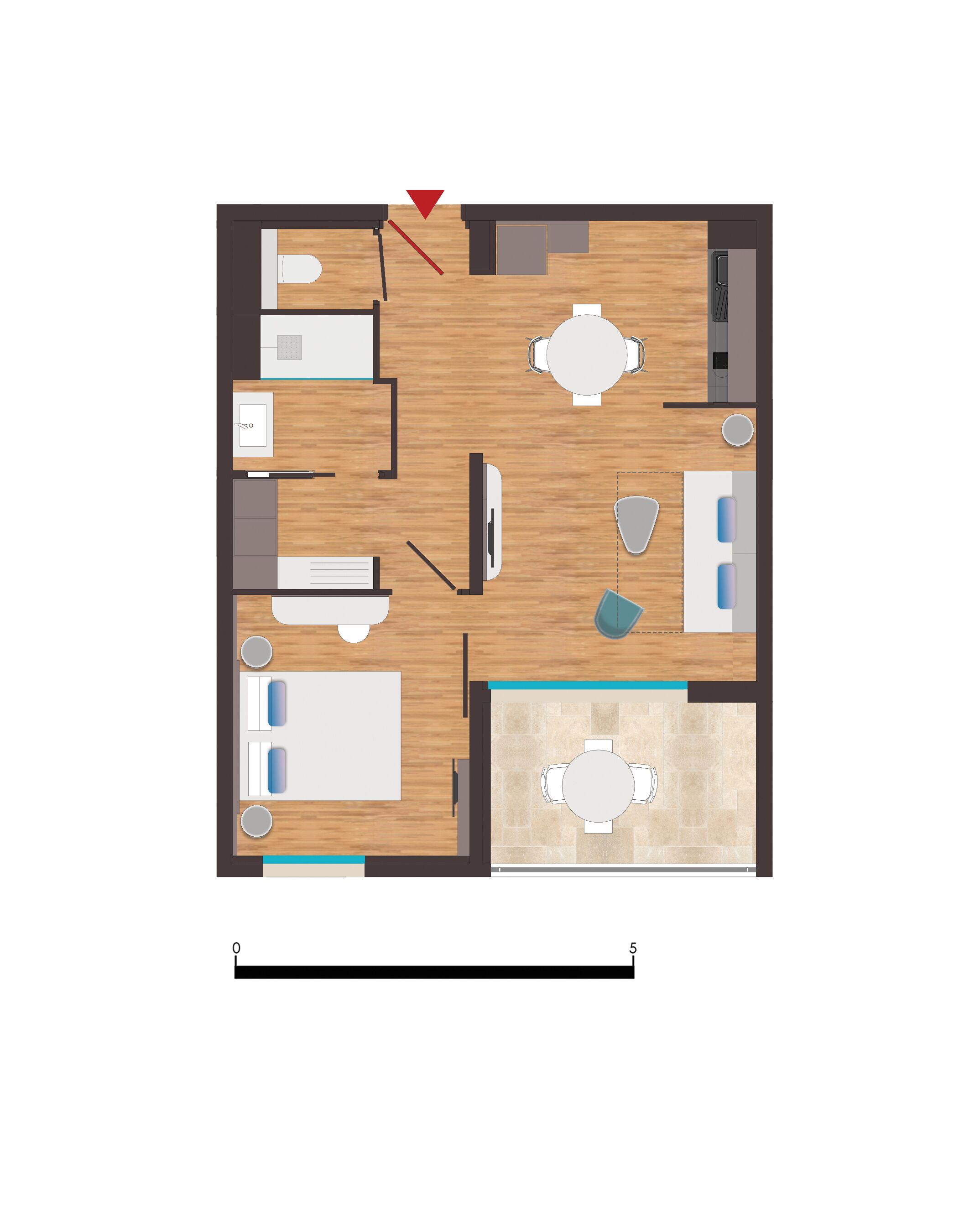 A floor plan of a hotel room with a bed, a desk, a chair, a small table, and a bathroom.
