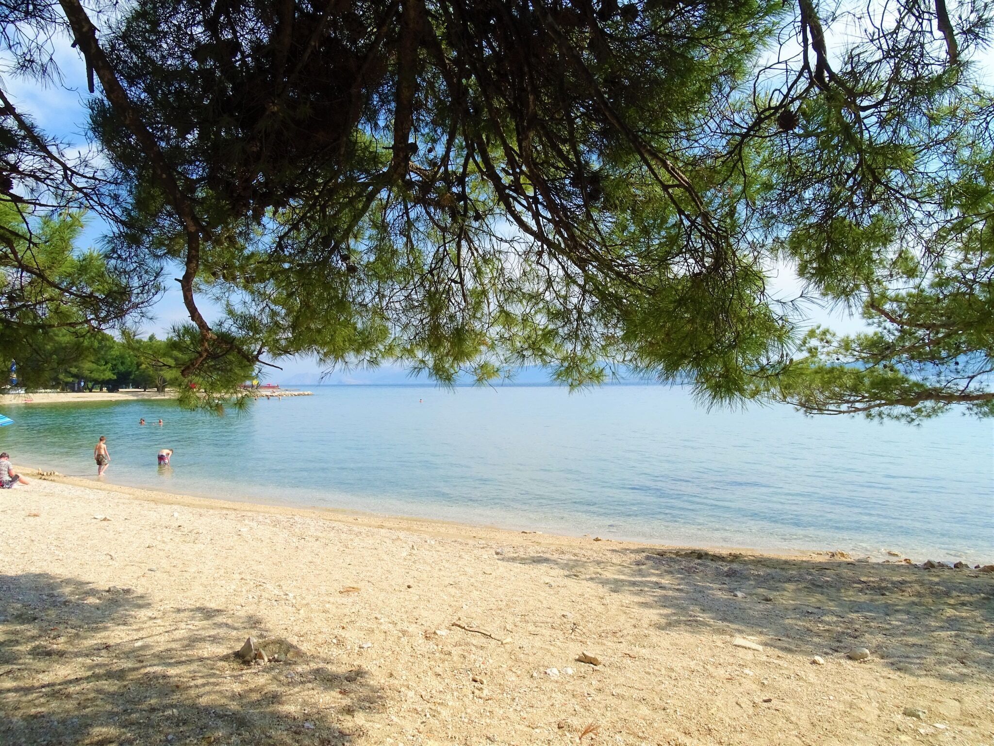 Une plage avec une eau claire, des arbres et quelques personnes.