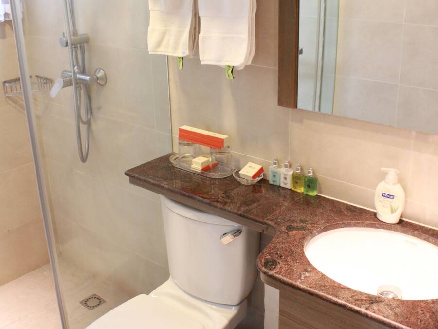 Baño con inodoro, lavamanos y ducha. Hay toallas apiladas en un estante, dispensadores de jabón y un cubo de basura.
